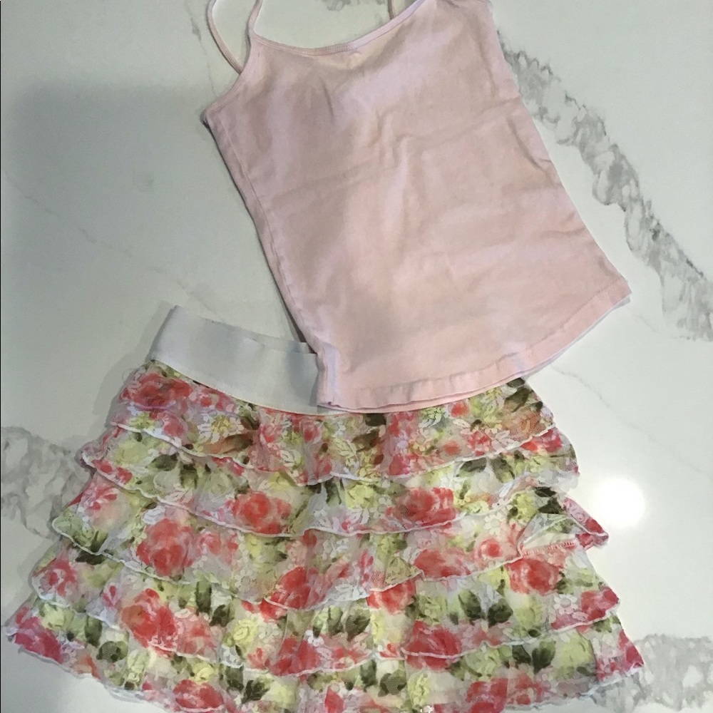 Girls Justice skirt and pink tank top